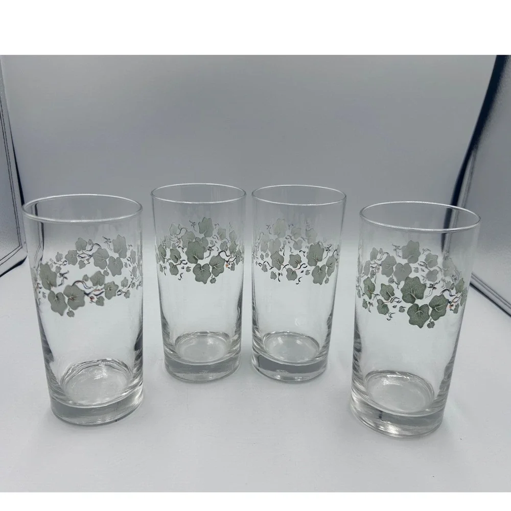 Set of 4: Vintage Corelle Callaway Green Ivy Pattern 16 oz Glass Juice Glasses